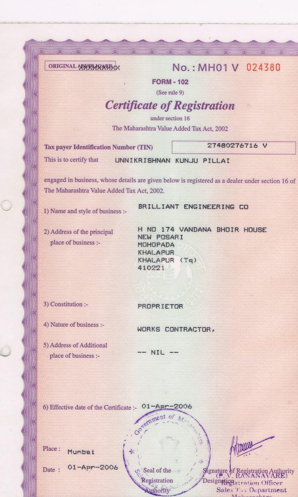 Certificate of ragistration form-102